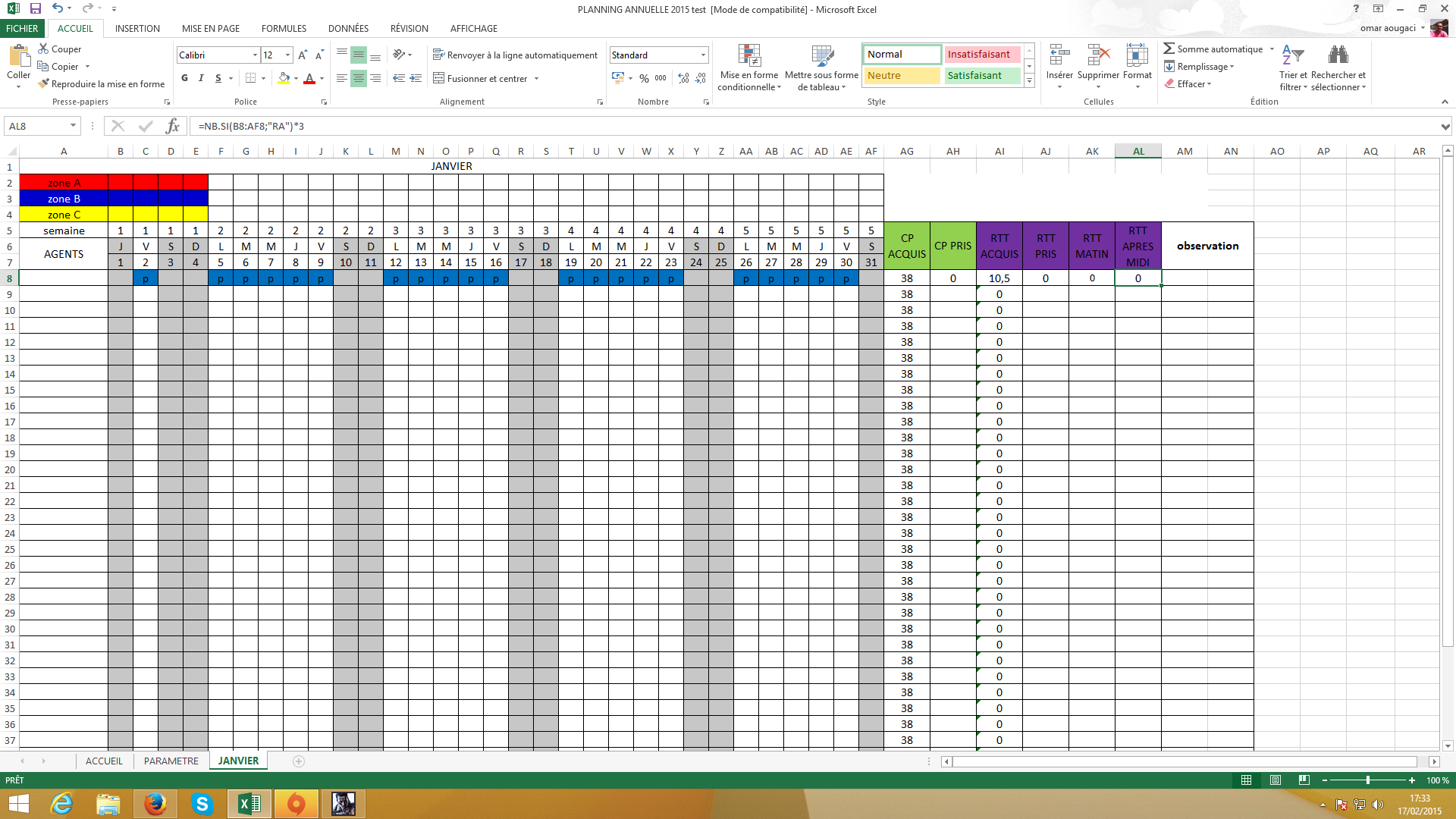 Excel : Formule planning Congés rtt etc