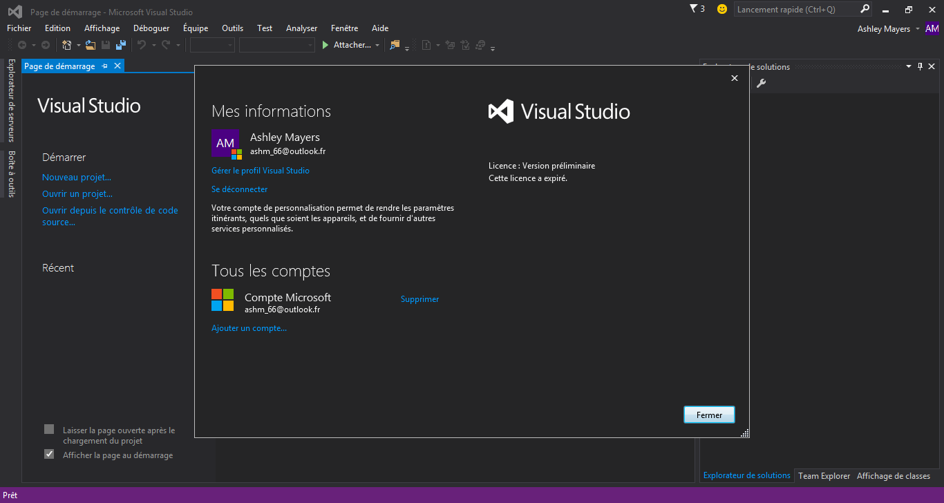 Expiration de licence dans Visual Studio Community 2015