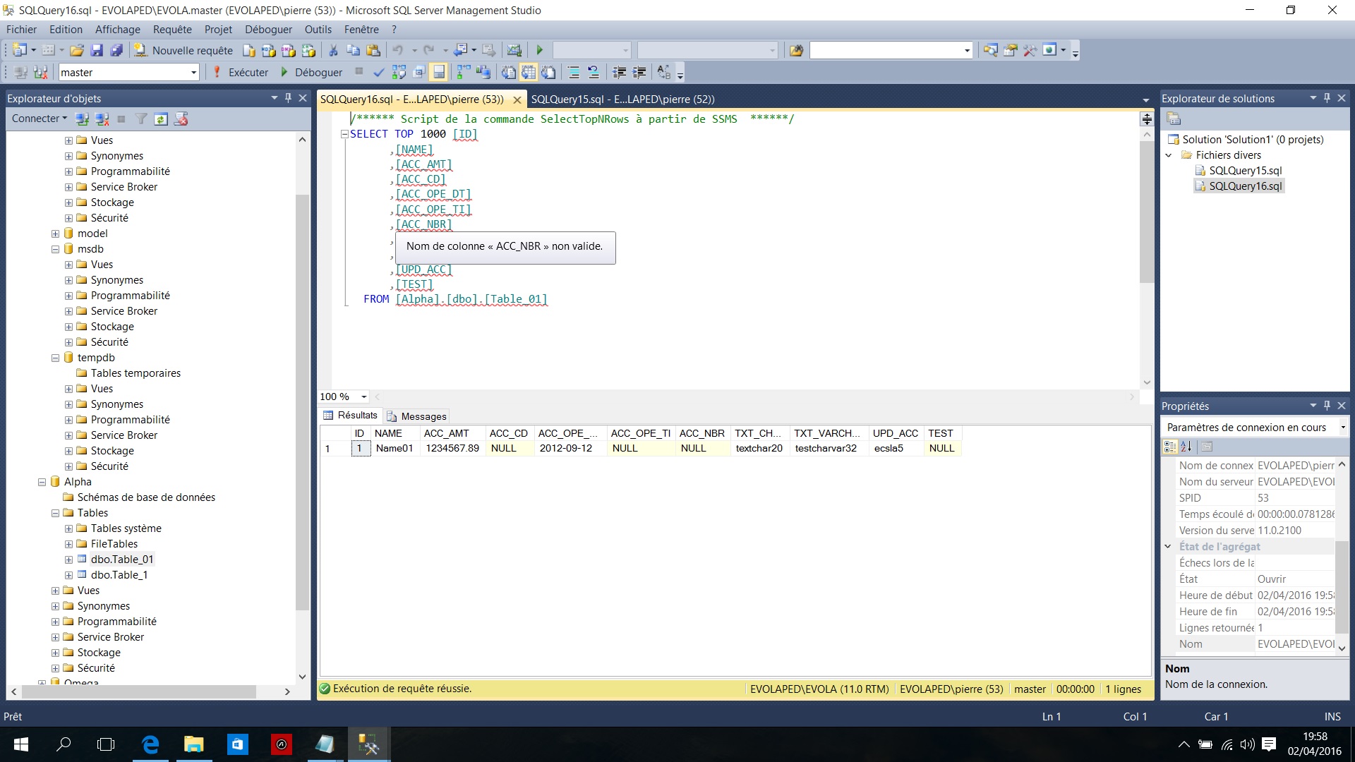 ( Studio Management ) SQL Server 2012 query colonne objet non valide