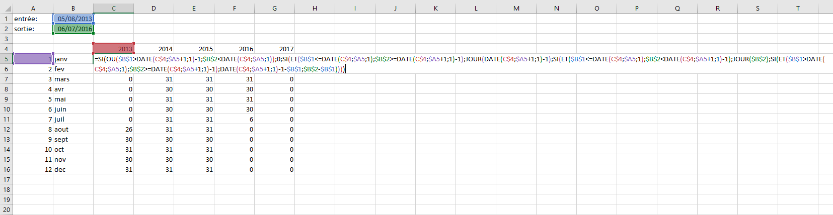 Excel : Calcul du nombre de jours de présence dans le mois en fonction de  dates d'entrée et sortie