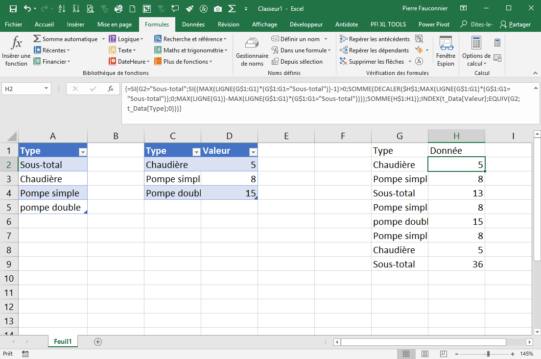 Excel : Fonction sous total automatisée pour un tableau de valeur