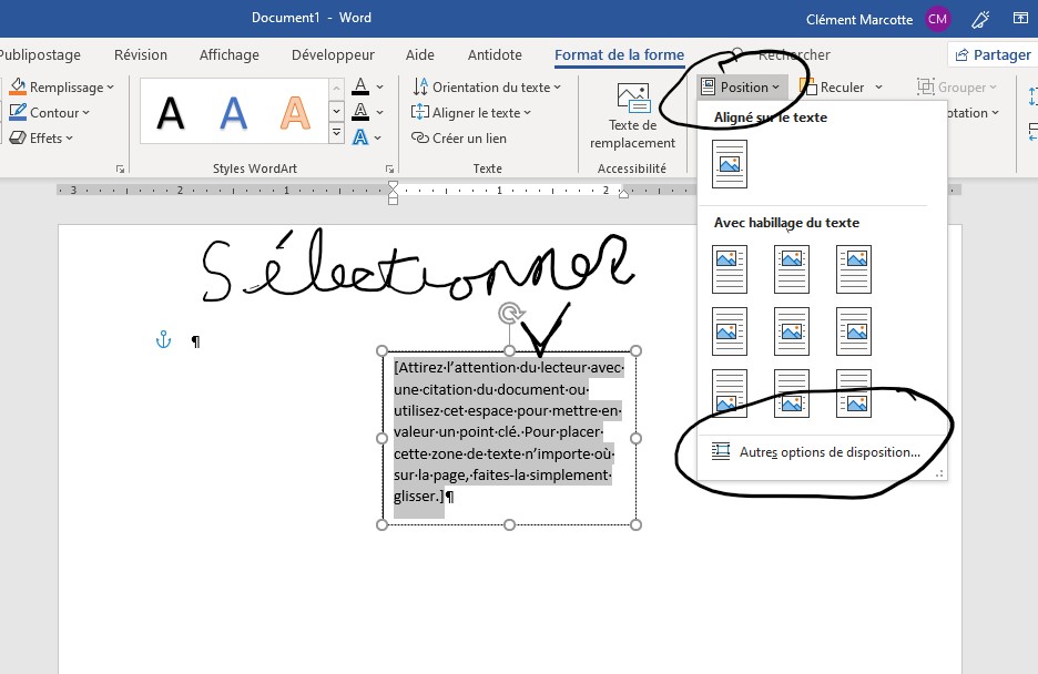 Word : fixer une zone de texte