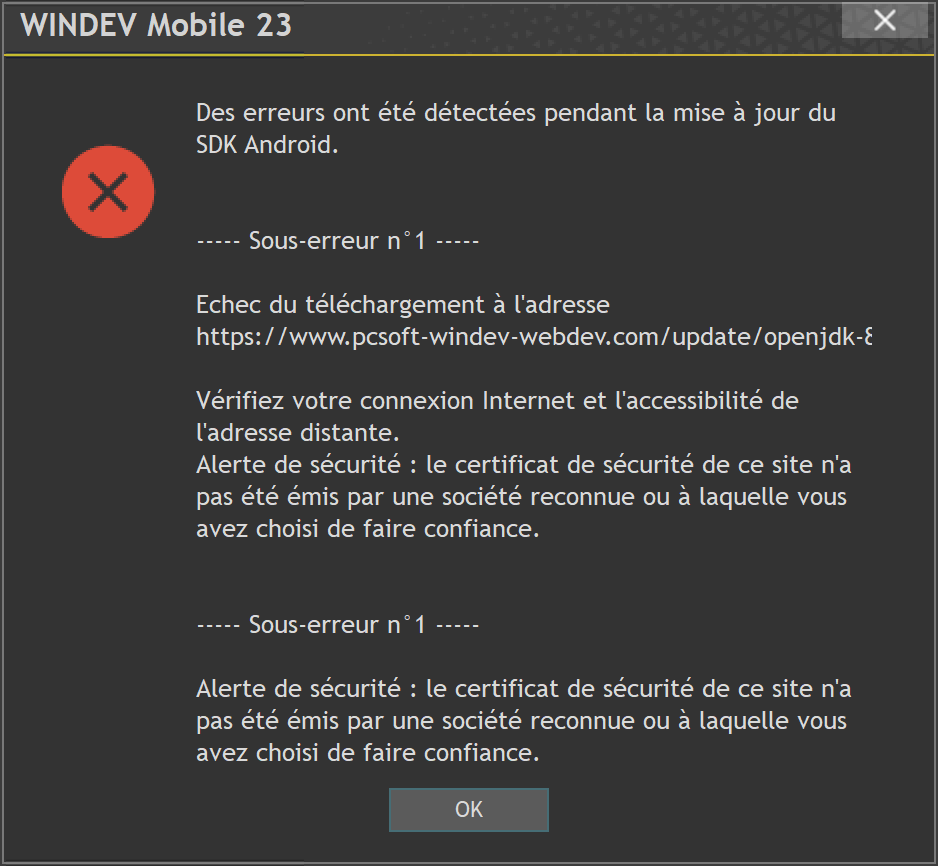 Windev Mobile : Erreur certificat sur intallation automatique des outils  android