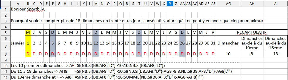 Excel : Formule pour compter le nombre de dimanches entre deux dates